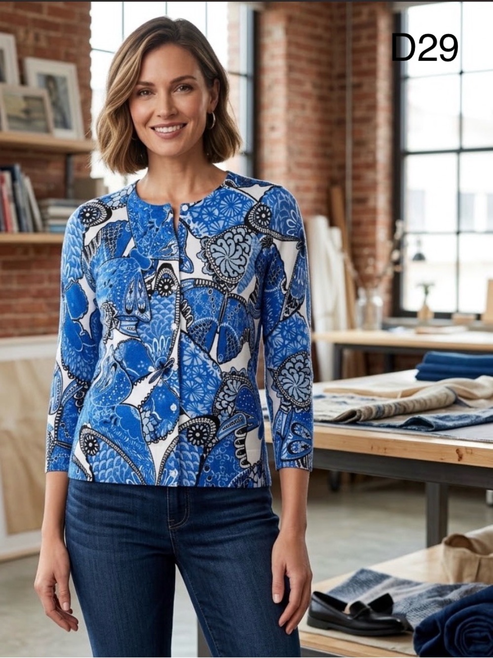 Cable & Gauge Blue Printed Crewneck Cardigan, Size S/P